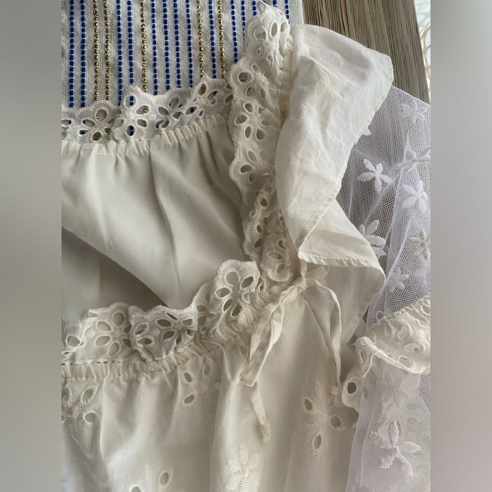 For Love And Lemons Hermosa Eyelet Mini Dress Tunic Beige Sz Small Tulle Sleeve - Picture 9 of 15